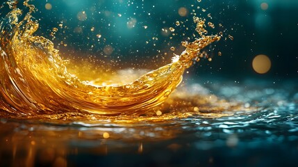 Poster - Stunning abstract image featuring a golden water splash with dynamic droplets and ripples against a vibrant teal background  The motion and energy of the liquid creates a mesmerizing visual effect