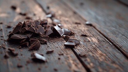 Poster - Deliciously Broken Dark Chocolate Pieces on a Rustic Wooden Surface : Generative AI