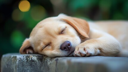 Aufkleber - Adorable sleeping golden retriever puppy resting peacefully on a stone surface in a lush garden : Generative AI