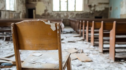 Poster - Abandoned wooden chair in a desolate church showcasing decay and remnants of history : Generative AI