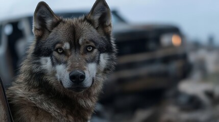 Poster - Regal Wolf Staring Intently With Wild Eyes in Unnatural Background with Abandoned Vehicle : Generative AI