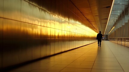 Aufkleber - Solitary figure walking down a passage with reflective walls and vibrant sunset light shining through : Generative AI