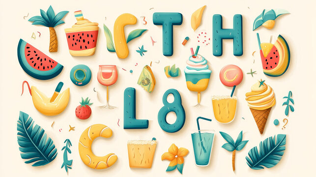 Cartoon summer font, tropical vacation typeface, beach party type, holiday alphabet letters and numbers, vector typography. Sea water wave, watermelon, palms, ice cream and summer beach cocktail font