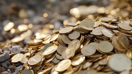 Poster - Abundant pile of golden coins spilling on a surface symbolizing prosperity and success in finance : Generative AI
