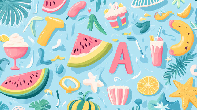 Cartoon summer font, tropical vacation typeface, beach party type, holiday alphabet letters and numbers, vector typography. Sea water wave, watermelon, palms, ice cream and summer beach cocktail font