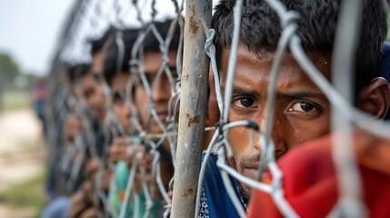 Aufkleber - Intense gaze of young boy looking through the chain link fence highlighting the reality of confinement : Generative AI