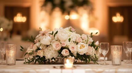 Poster - Elegant Wedding Table Setup with Beautiful Floral Centerpiece and Soft Lighting for a Romantic Atmosphere : Generative AI