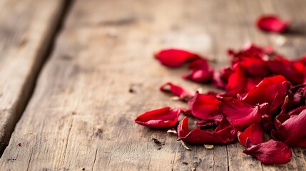 Poster - Scattered vibrant red rose petals on a weathered wooden surface creating a romantic setting : Generative AI