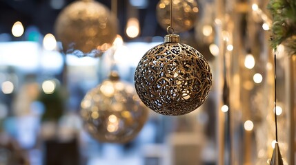 Poster - Elegant golden decorative Christmas ornaments hanging with soft blurred lights in the background : Generative AI