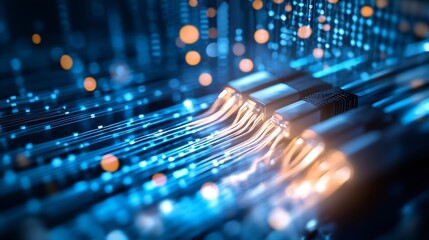 Aufkleber - Close up view of glowing digital cables creating vibrant light patterns in a technology environment : Generative AI