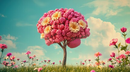 brain shaped tree with flowers over a meadow and blue sky, symbolizing growth and intelligence. grea