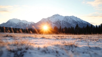 Aufkleber - Scenic view of the sun rising over snowcapped mountains illuminating a winter landscape : Generative AI