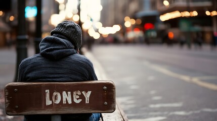 Aufkleber - Lonely figure sitting on a bench in a bustling city street showcasing feelings of isolation and solitude : Generative AI