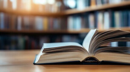 Poster - Open book resting on a wooden table with a soft focus library background : Generative AI