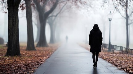 Poster - Lonely figure walking through a foggy park surrounded by barren trees and fallen leaves : Generative AI