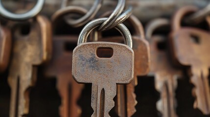 Poster - Closeup portrait of a rusty key and lock hanging on a chain emphasizing vintage hardware : Generative AI