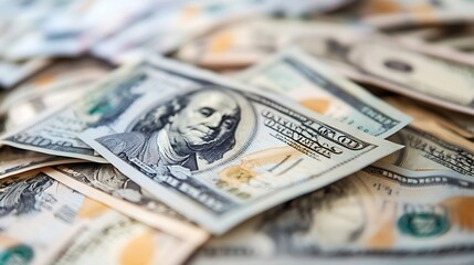 Poster - Close view of scattered hundred dollar bills showcasing currency and financial wealth in a dynamic background : Generative AI