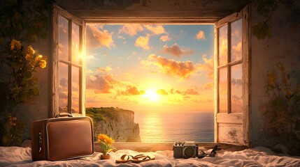 Poster - Tranquil window frame opening to a breathtaking view of a sunset over the vast ocean horizon with a picturesque coastal landscape in the distance