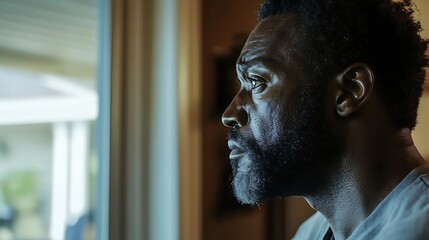 Poster - Profile Portrait of a Thoughtful Man Looking Out of a Window Lost in Reflection : Generative AI
