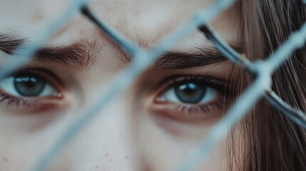 Poster - Intense closeup of a young woman's blue eyes viewed through a metal fence : Generative AI