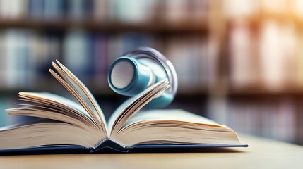 Poster - Opened book on wooden table with headphones and blurred bookshelf in the background creating a cozy study environment : Generative AI