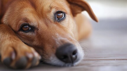 Poster - Close Up of a Sad Dog with Brown Eyes Resting on the Floor with a Soft Expression : Generative AI