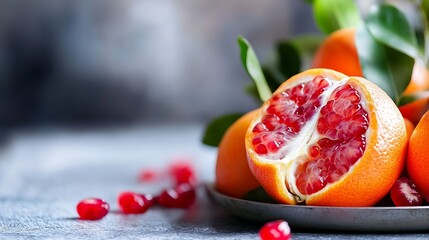 Poster - Freshly Cut Pomegranate with Juicy Seeds on a Table Surrounded by Oranges : Generative AI