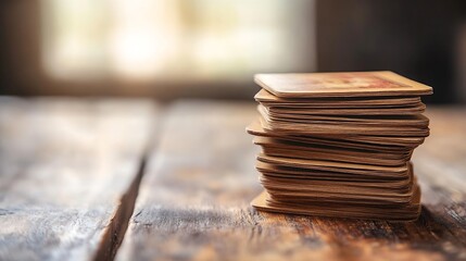Poster - Stack of vintage playing cards on a rustic wooden table illuminated by natural light showcasing classic designs : Generative AI