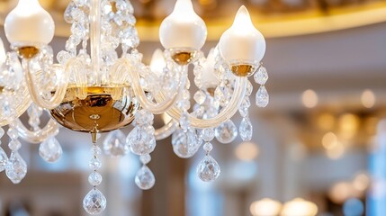 Poster - Elegant chandelier adorned with shimmering crystals and glowing light in a stylish interior : Generative AI