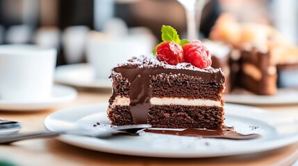 Poster - Decadent chocolate cake slice on a plate garnished with fresh raspberries and mint leaves for a delightful dessert experience : Generative AI