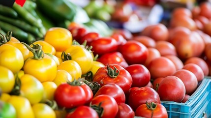 Poster - Fresh and Colorful Display of Ripe Tomatoes and Yellow Bell Peppers at a Local Market : Generative AI