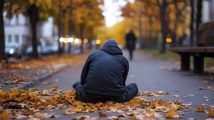 Aufkleber - A person sitting on the ground surrounded by colorful autumn leaves in a serene setting : Generative AI
