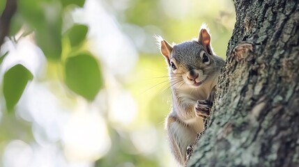 Poster - Curious squirrel climbing on tree trunk surrounded by lush green foliage in sunny day : Generative AI