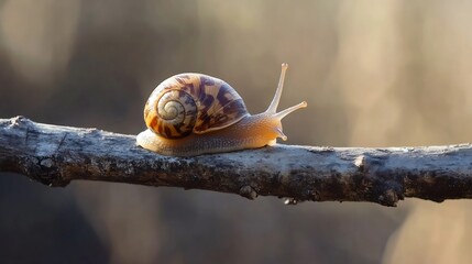 Poster - Beautiful snail climbing on a twig in natural light showcasing its intricate shell design : Generative AI