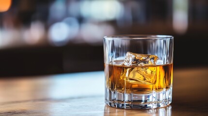 Aufkleber - Glass of whiskey with ice cubes elegantly placed on a wooden table in a cozy bar setting : Generative AI