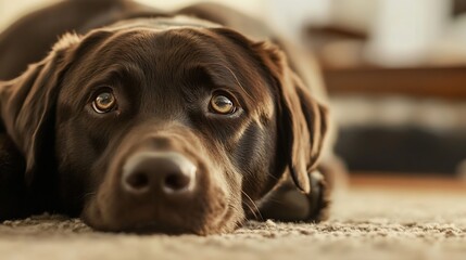 Poster - Close up portrait of a brown Labrador dog lying on a cozy rug with expressive eyes : Generative AI