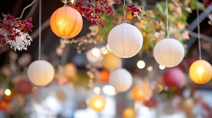 Poster - Colorful Paper Lanterns Hanging Decoratively in a Warm Atmosphere Exuding Cheer and Joy : Generative AI