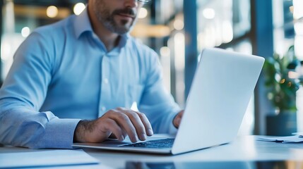 Fototapete - Focused Professional Working on Laptop in a Modern Office with Natural Light : Generative AI