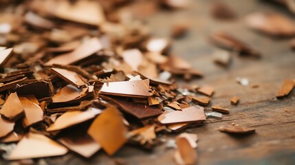 Poster - Close up of finely chopped wood shavings on a rustic wooden table background : Generative AI