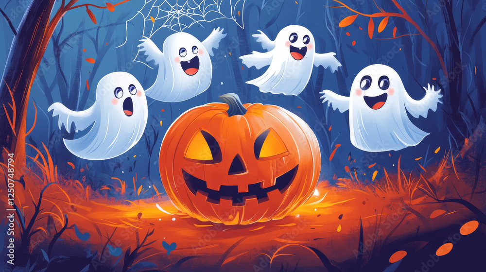 Cartoon Spooks Halloween cartoon ghosts and pumpkin. Vector funny characters ready for ...