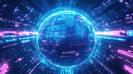 Poster - Futuristic Digital World with Bright Neon Lights and Data Flow