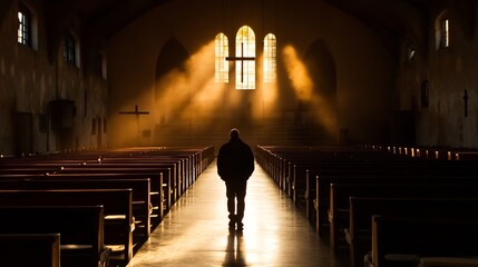 Poster - A serene church interior illuminated by soft rays of light shining through stained glass windows : Generative AI
