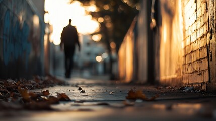 Poster - Person walking alone on a city street during golden hour with leaves on the pavement : Generative AI