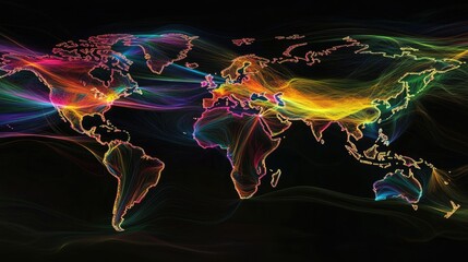 Poster - Vibrant Abstract World Map with Colorful Flowing Lines