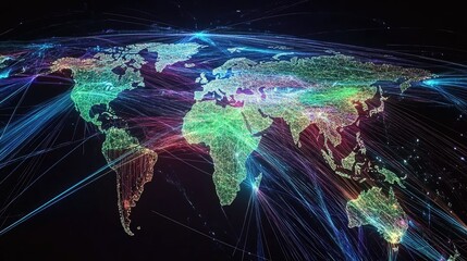 Poster - Colorful Network Connections Over World Map Global Data Visualization