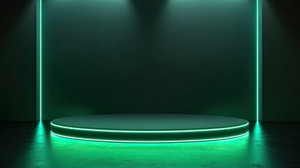 Poster - A stylish neon-lit podium with glowing green edges, perfectly contrasted against a sophisticated dark backdrop.