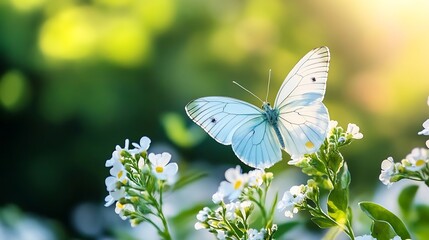 Poster - Beautiful butterfly perched on delicate flowers in a vibrant natural setting with soft sunlight : Generative AI