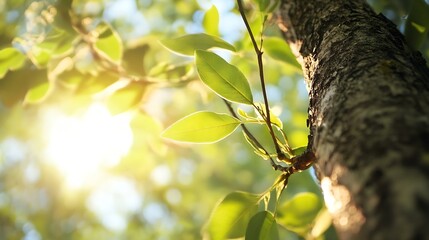 Aufkleber - Close up of green leaves on tree trunk with sunlight shining through branches in nature : Generative AI