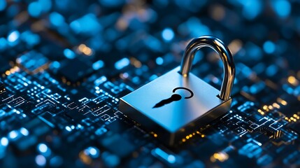 Leinwandbilder - A metallic padlock with a security symbol on an abstract circuit board background : Generative AI