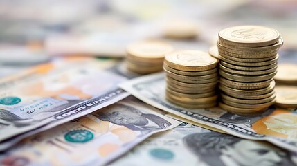 Poster - Close up of Stacked Coins and Dollar Bills on a Soft Focus Background : Generative AI